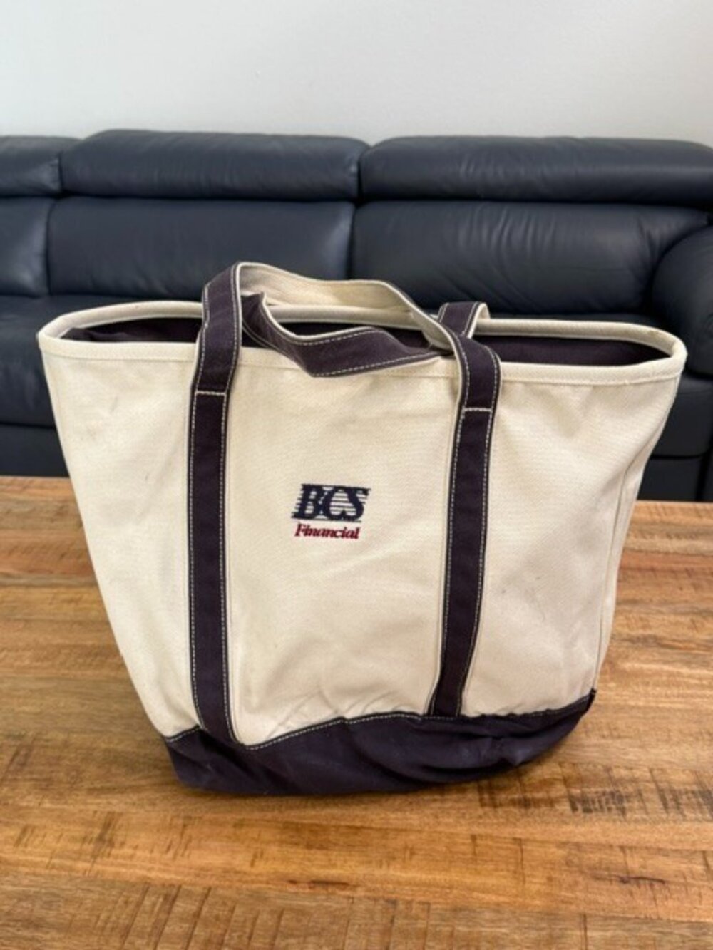 Lands End Heavy Duty Canvas Boat Tote XL Cream Navy USA Retro Zip Zipper Spots - Picture 3 of 16